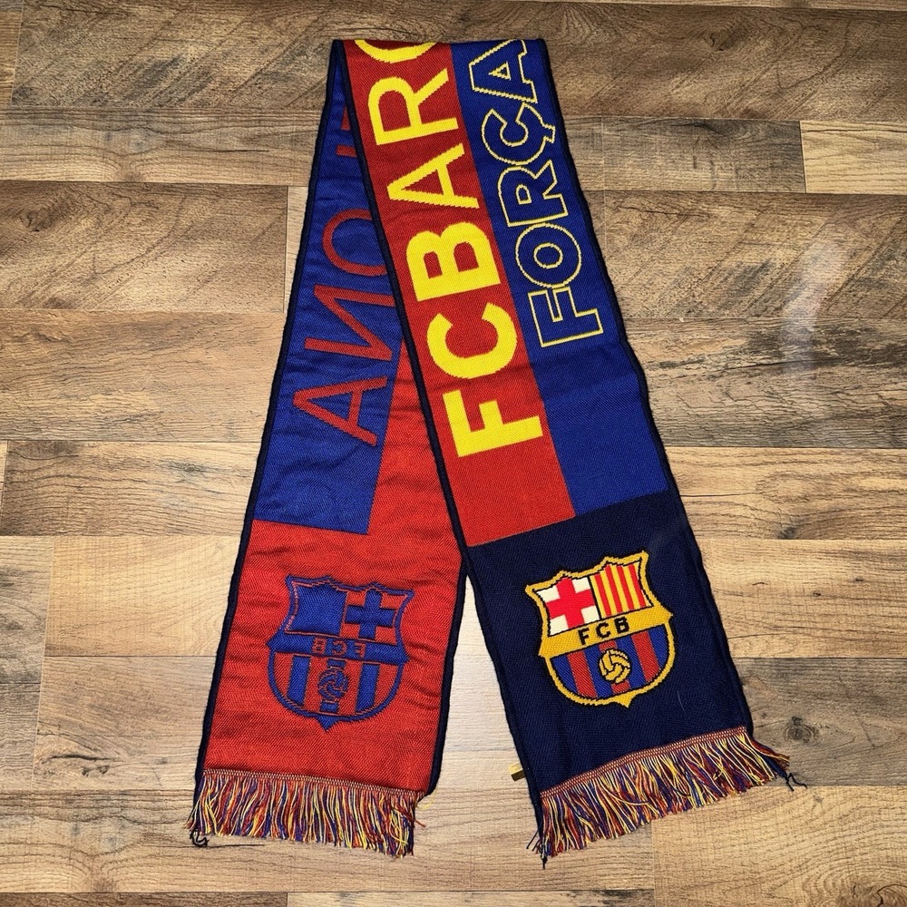 FC Scarf Knit Barcelona Soccer Blue Shield Logo Stripes Fringe Futbol 8"x60"